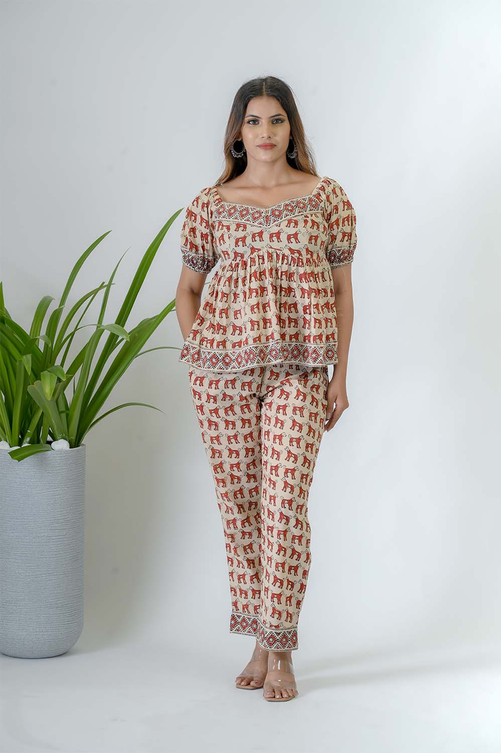 Beige Printed Cotton Co-ord Set for Women - Front View | Oopnik