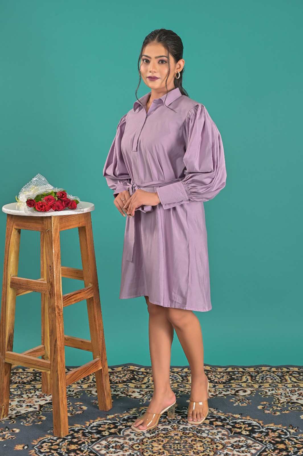 Casual Wear Lavender Shirt Style Dress For Women - Side View | OOPNIK