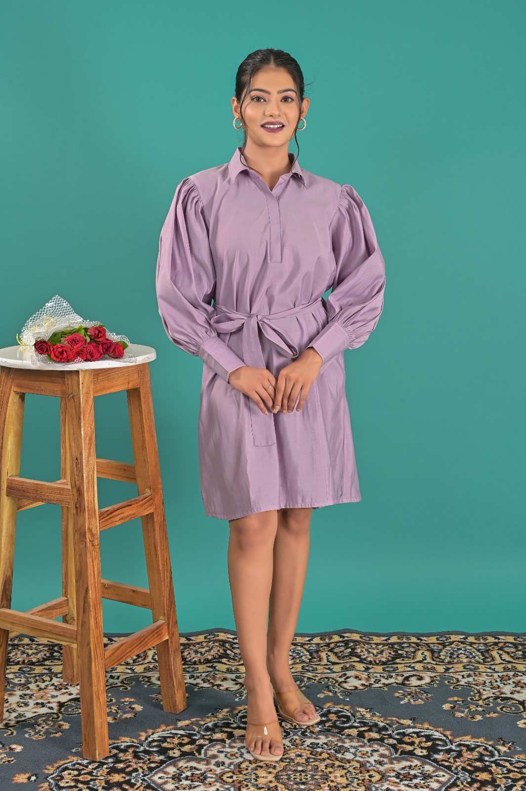 Casual Wear Lavender Shirt Style Dress For Women - Front View | OOPNIK