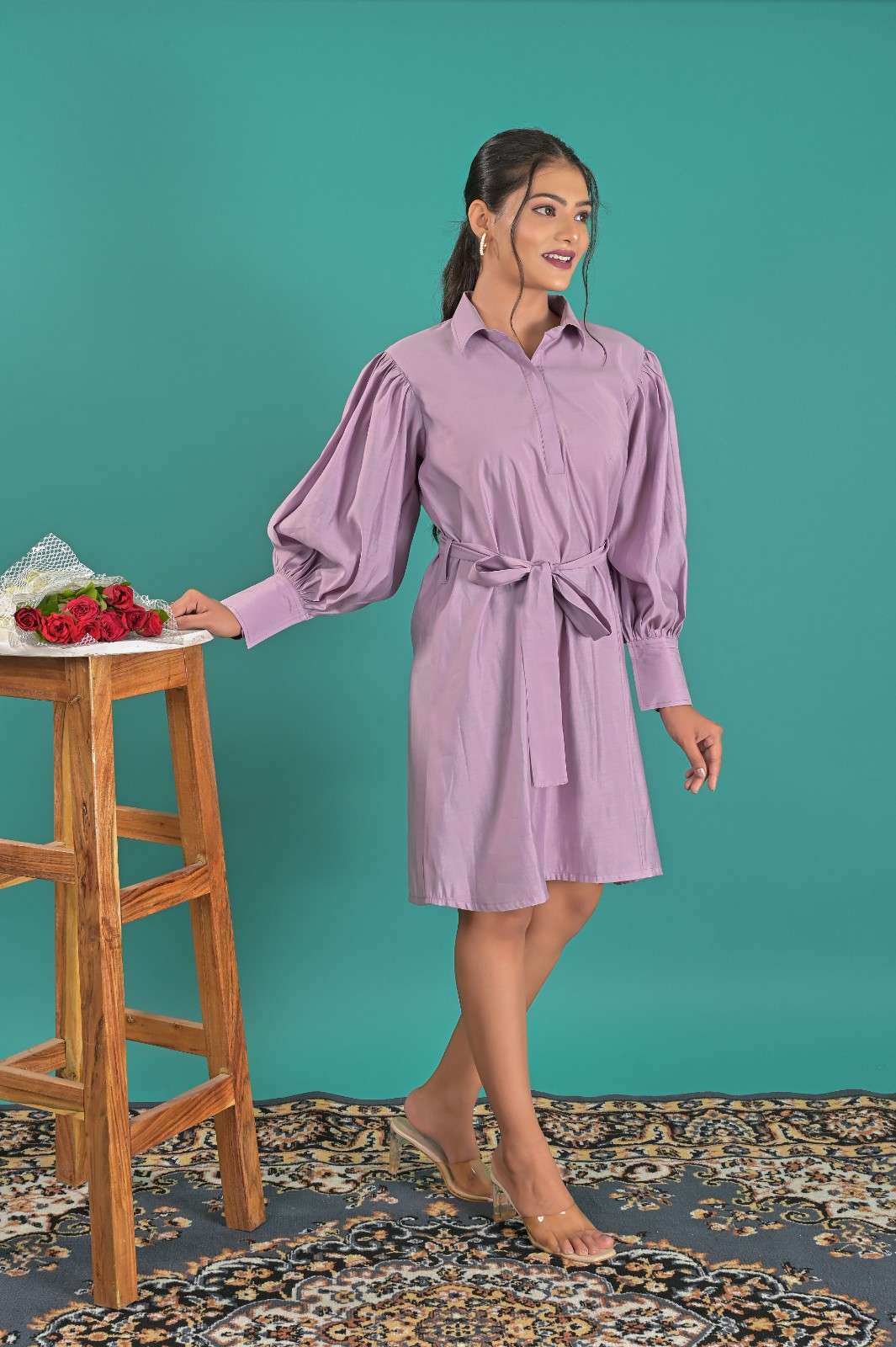 Casual Wear Lavender Shirt Style Dress For Women -Styled | OOPNIK