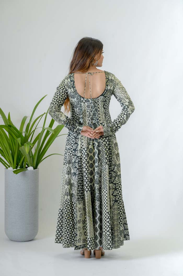 Printed Cotton Anarkali Dress For Women - Back View | Oopnik