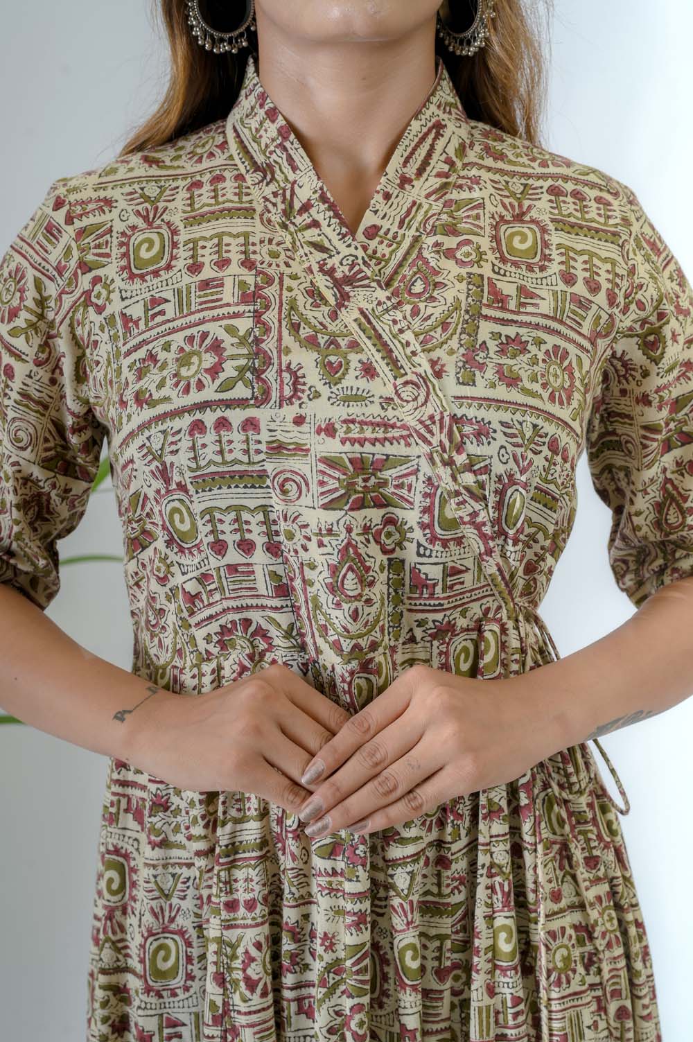 Green Bagru Print Cotton A-Line Dress - Closeup View | Oopnik