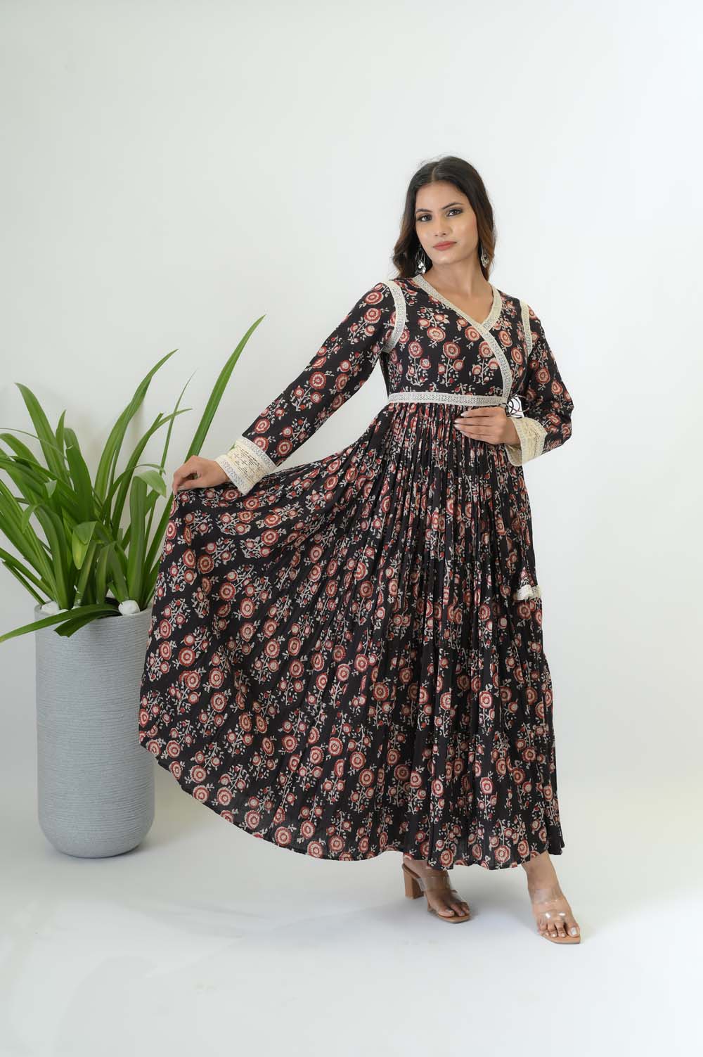 Angrakha Full Length Cotton Dress - Side View | Oopnik