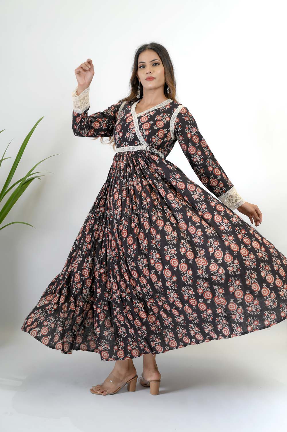 Angrakha Full Length Cotton Dress - Side View | Oopnik