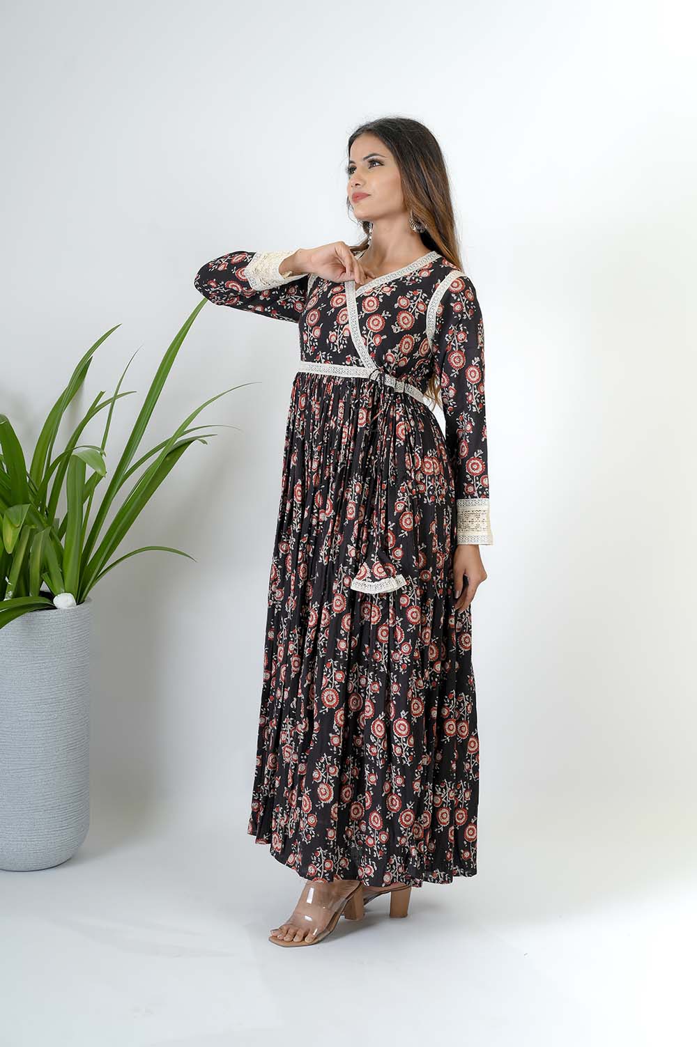 Angrakha Full Length Cotton Dress - Side View | Oopnik