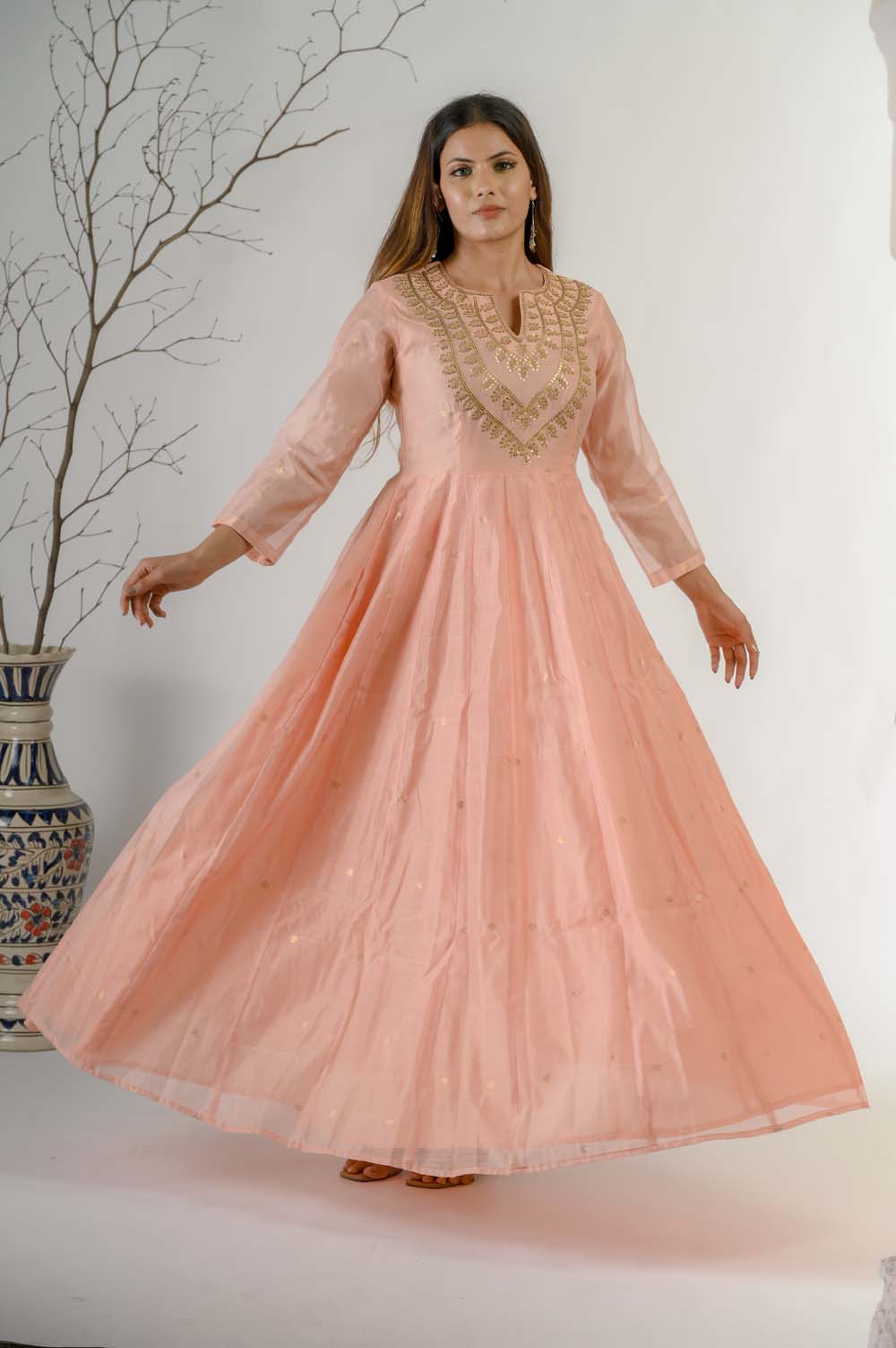 Peach Chanderi Festive Wear Kurta Set For Women with Dori & Sequin Work - Front View | Oopnik