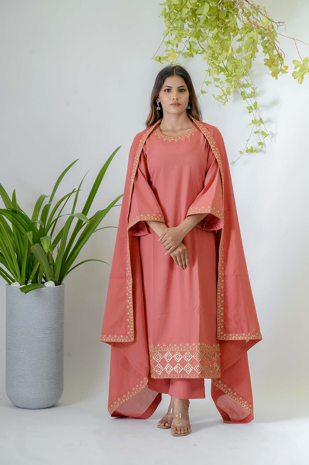 Peach Crepe Festive Kurta Set with Gold Dori Embroidery - Front View | Oopnik