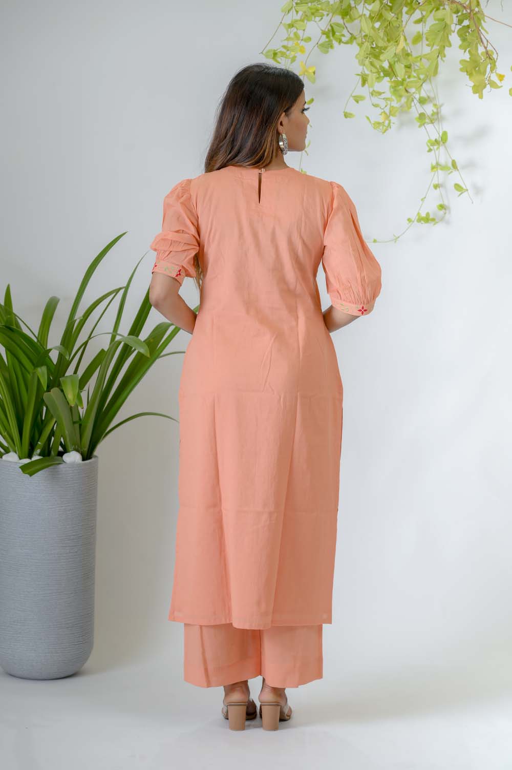 Peach Voile Kurta Set For Women with Silk Thread & Zari Embroidery - Back View | Oopnik