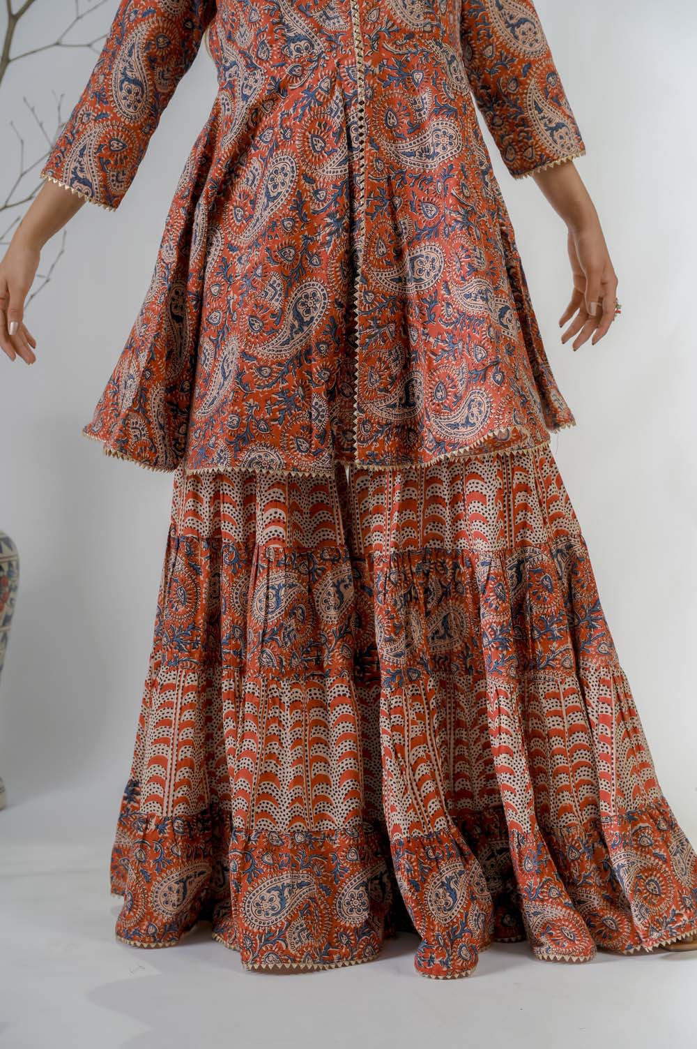 Red Hand Block Bagru Print Sharara Set for women - Bottom View | Oopnik