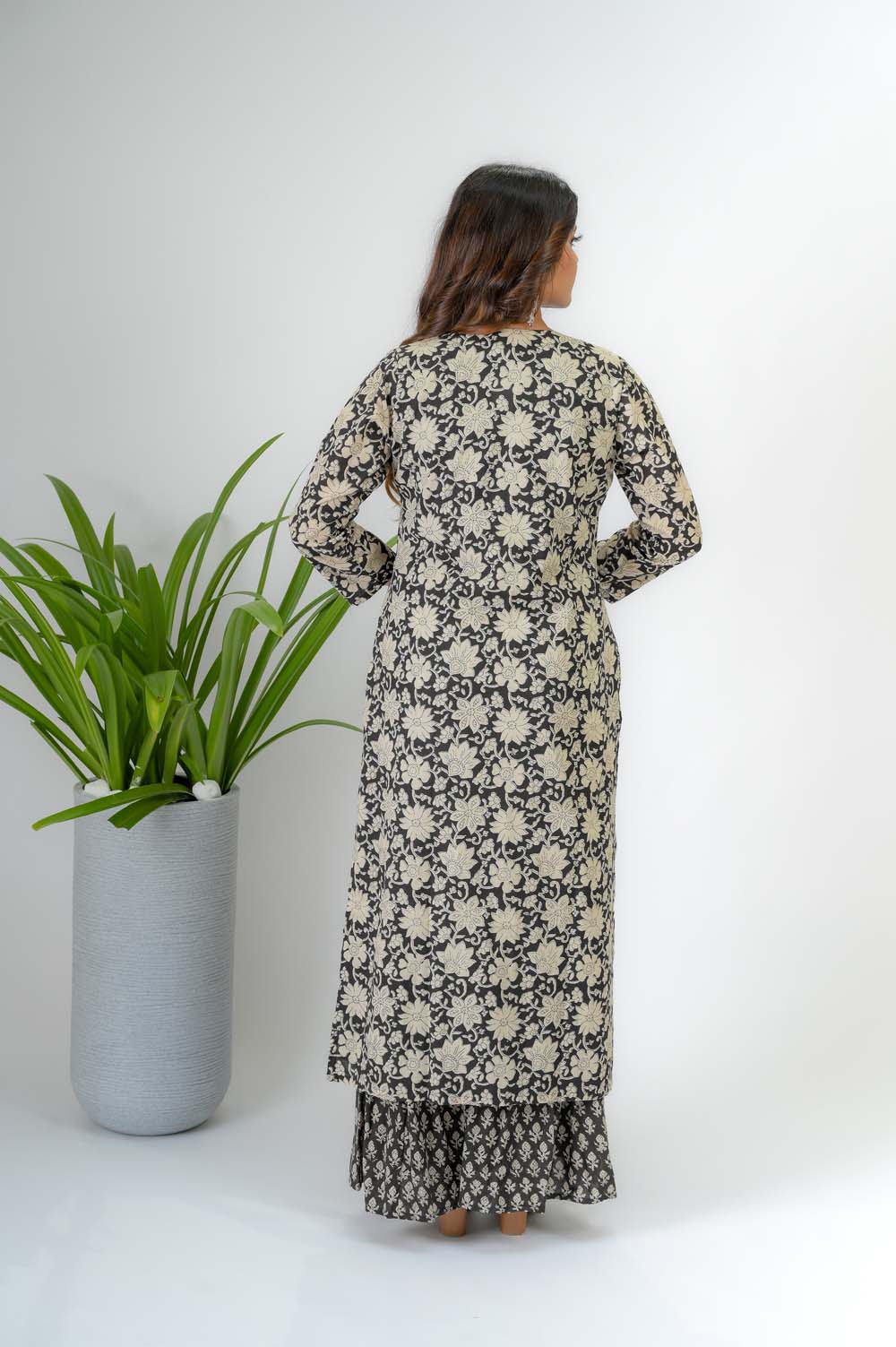 Black Hand Block Bagru Print Sharara Set with Kurta & Jacket - Back View | Oopnik