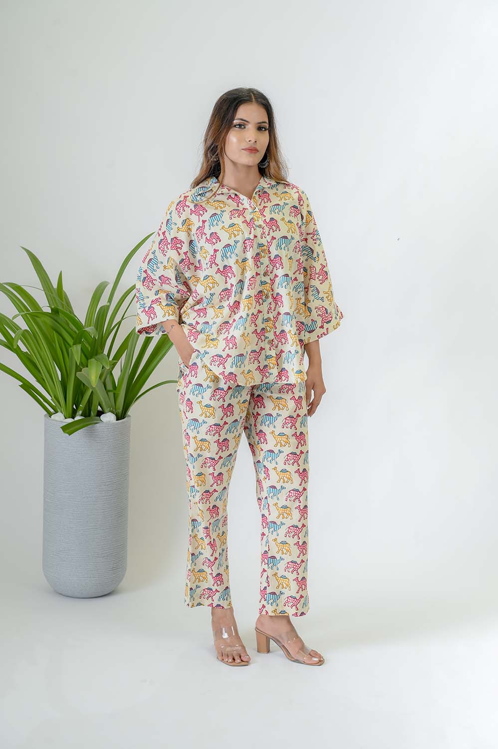 Cotton Printed Kimono sleeves Shirt Co-ord Set For Women -  Side View | Oopnik