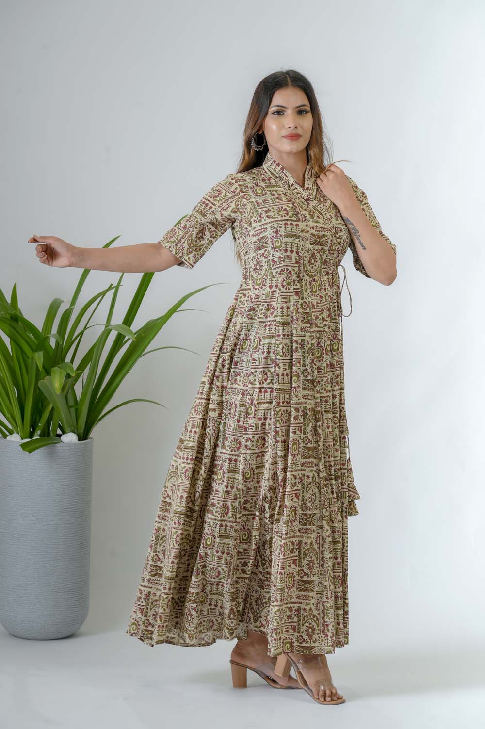 Green Bagru Print Cotton A-Line Dress -  Side View | Oopnik