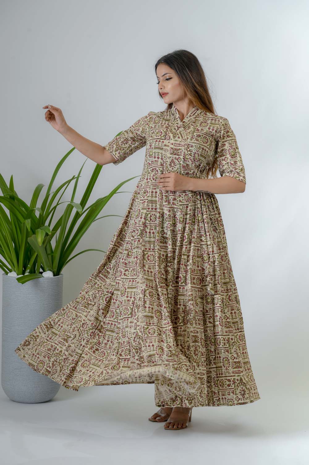 Green Bagru Print Cotton A-Line Dress -  Front View | Oopnik