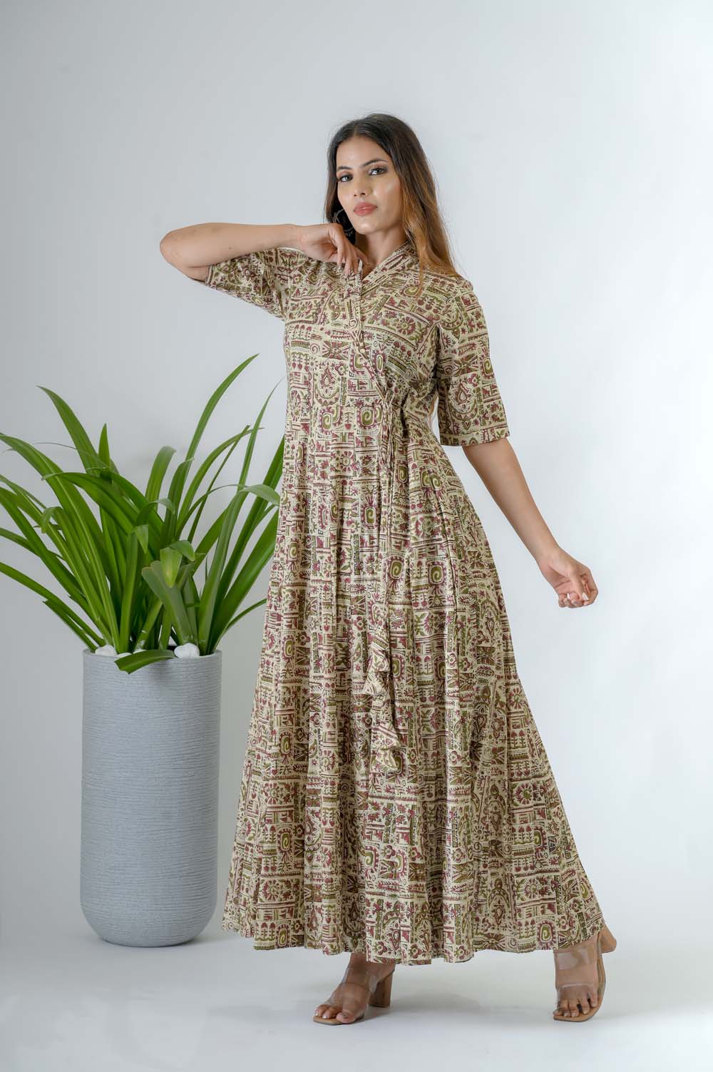 Green Bagru Print Cotton A-Line Dress -  Side View | Oopnik