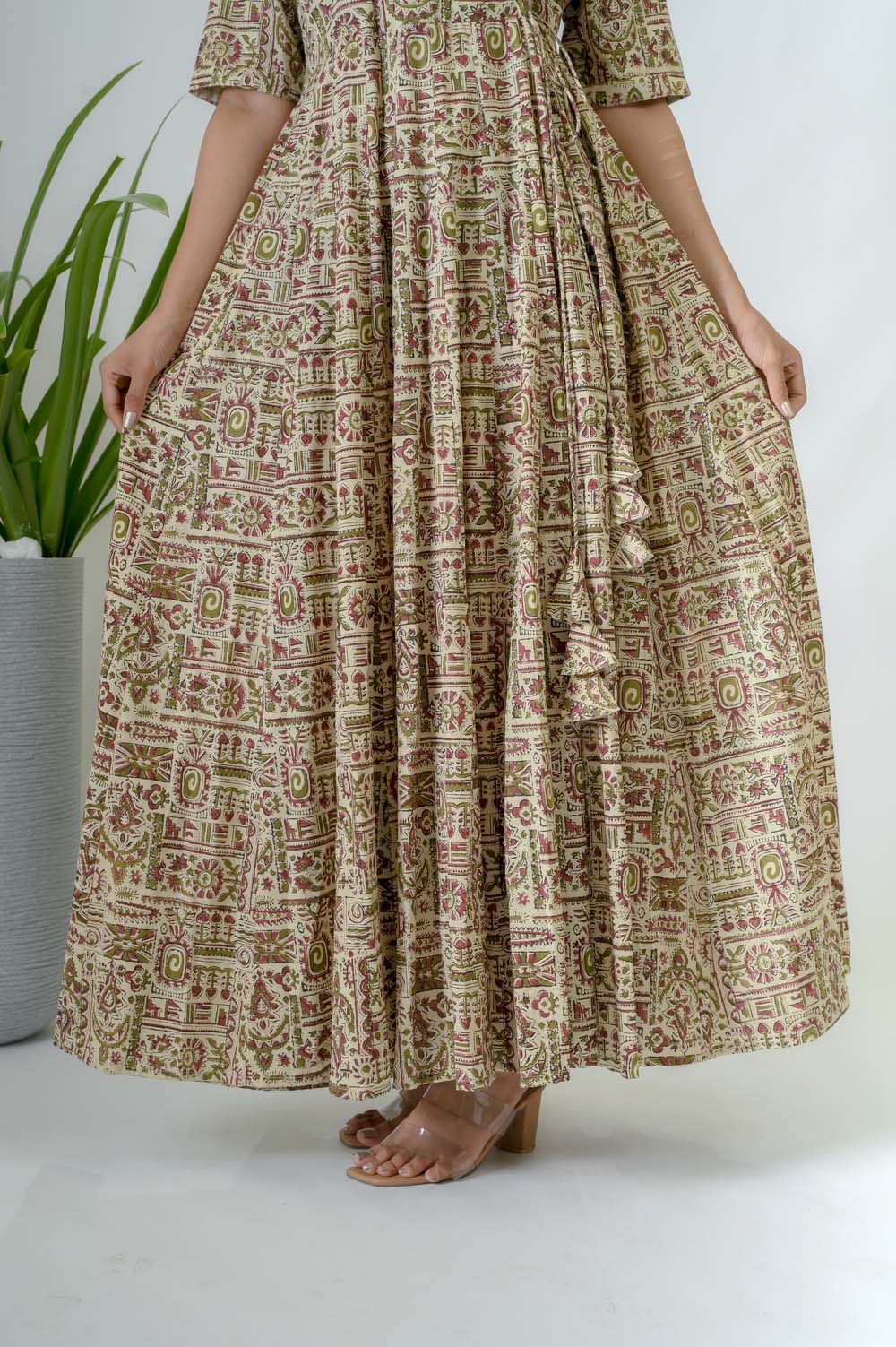 Green Bagru Print Cotton A-Line Dress -  Bottom View | Oopnik