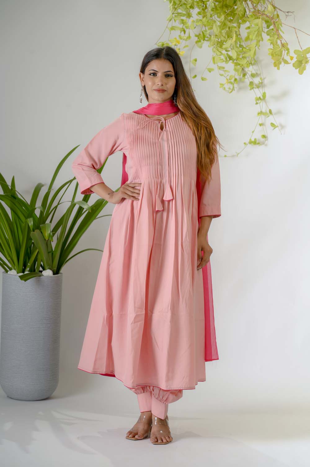 Hue Of Pink Ethnic Wear Kurta Set For Women -  Front View | Oopnik