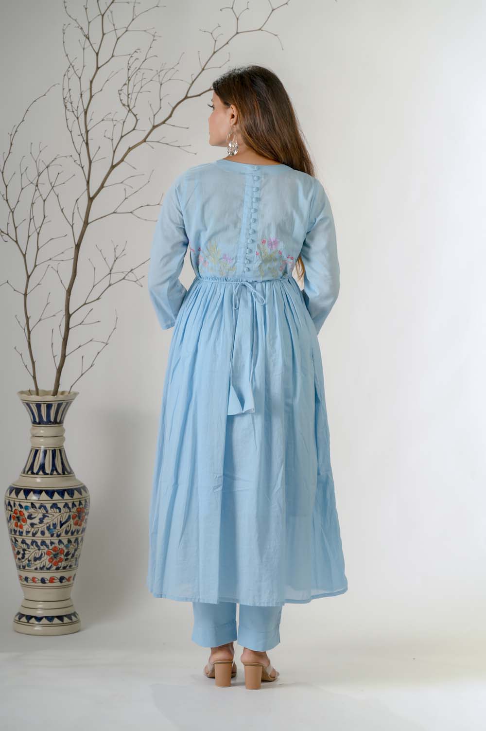 Blue Silk Kurta Set for Women with Beads, Sequence & Thread Embroidery - Back Design | Oopnik