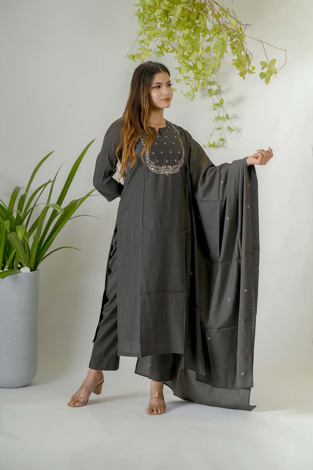 Olive Silk Kurta Set for Women with Silk Thread Embroidery -  Side View | Oopnik