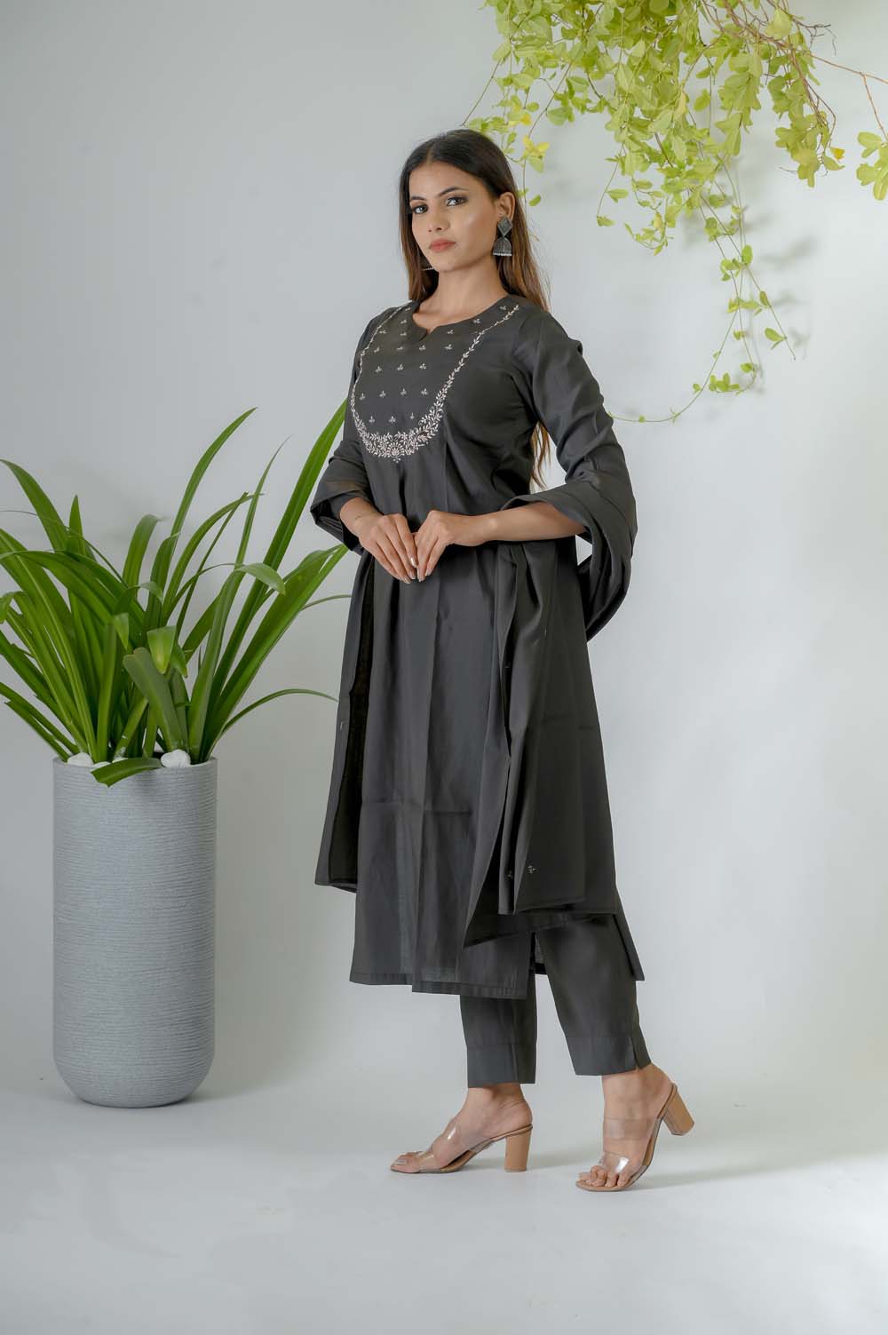 Olive Silk Kurta Set for Women with Silk Thread Embroidery -  Side View | Oopnik