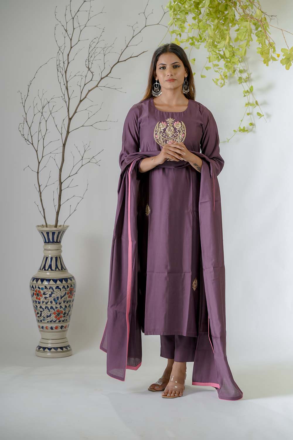 Dark Purple Silk Kurta Set for Women with Zardosi Work -  Front View | Oopnik