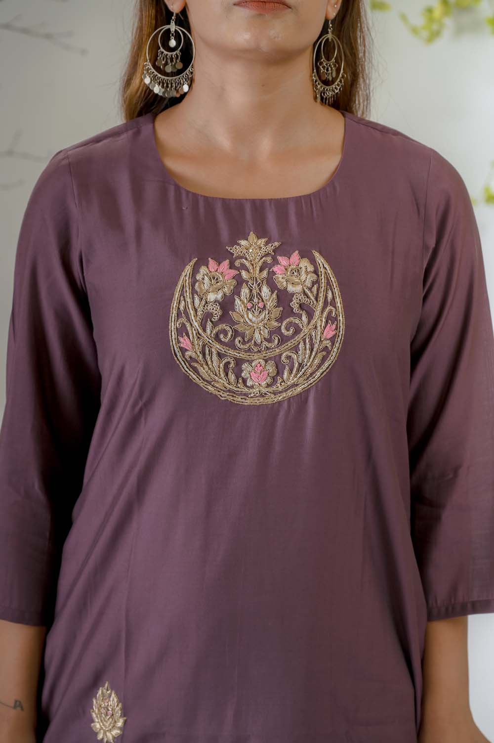 Dark Purple Silk Kurta Set for Women with Zardosi Work -  Closeup | Oopnik