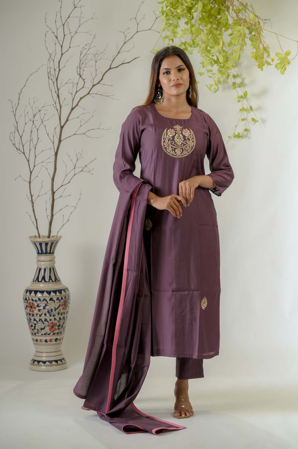 Dark Purple Silk Kurta Set for Women with Zardosi Work -  Front View | Oopnik