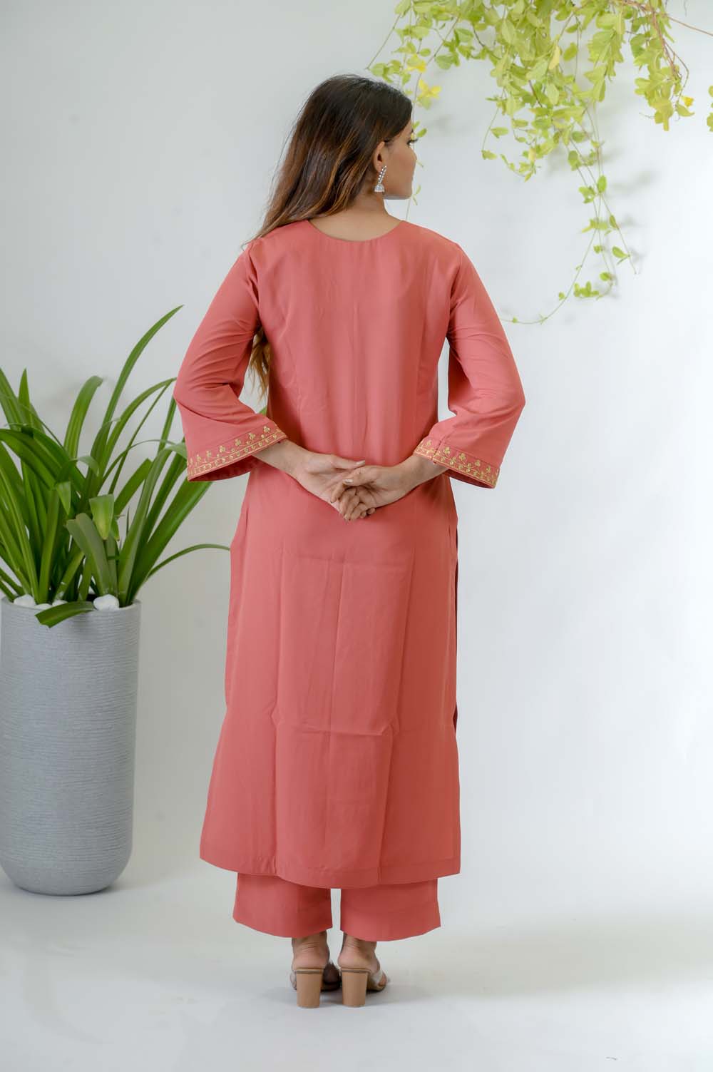 Peach Crepe Festive Kurta Set with Gold Dori Embroidery -  Back View | Oopnik