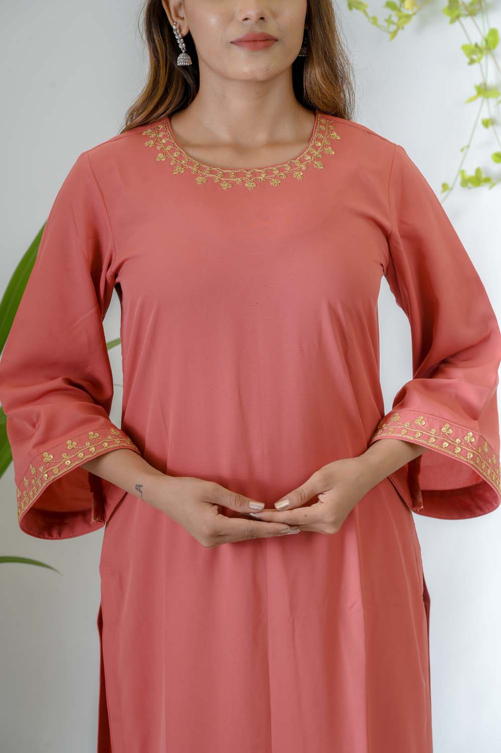 Peach Crepe Festive Kurta Set with Gold Dori Embroidery -  Closeup | Oopnik
